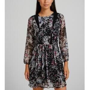 Topshop Black and Pink Abstract Long Sleeve Dress